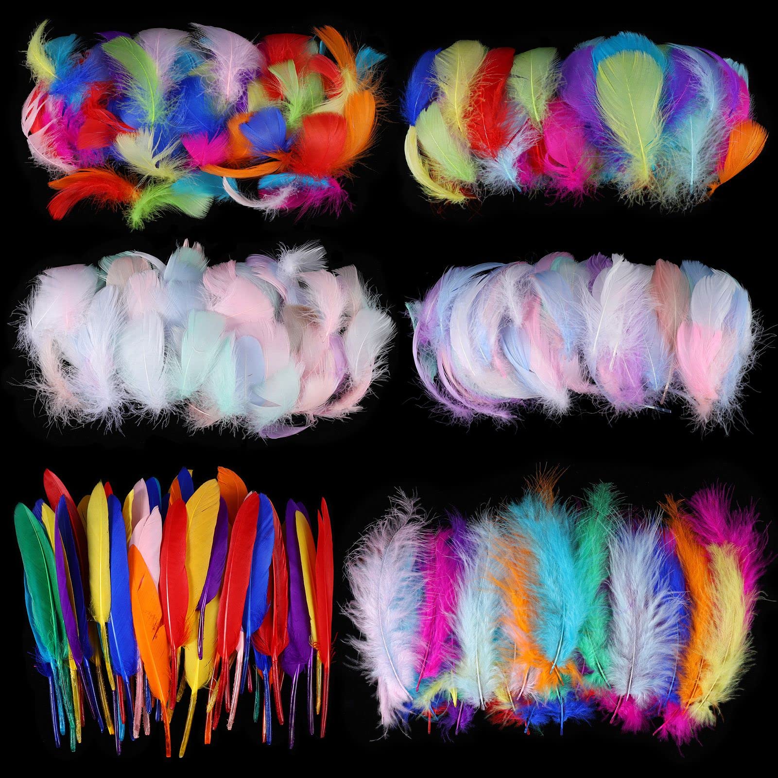 XINRUI 500pcs Feather for Crafts, Colorful Feathers Natural Goose Feathers for Diy Dream Catcher Carnival Decorations/hat/vase/mask, Fluffy & Soft, 6 Styles.