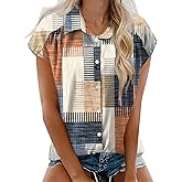 LOMON Womens Button Down Shirts Short Cap Sleeve Summer Cotton V Neck Collared Stripes Blouses Casual Plaid Tops