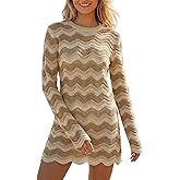 YUNLORIA Women's Crochet Colorful Mesh Summer Long Sleeve Cover Ups Casual Striped Beach Wear Knit Mini Dresses
