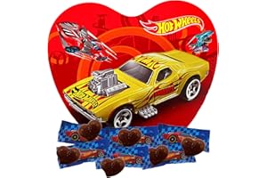 GALERIE Hot Wheels Valentine with Individually Wrapped Solid Milk Chocolates, Car Themed Heart-Shaped Tin Exchange Candies for Classrooms, Unique Gifts for Him