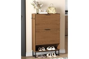 Akxomel Fluted Shoe Storage Cabinet, Narrow Hidden Shoe Rack Cabinet with Metal Legs, Narrow Shoe Organizer, 2 Flip Drawers, for Entryway, Hallway, Living Room, Walnut