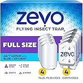 Zevo Flying Insect Trap for Fruit Flies &amp; Gnats, 4 Plug-in Bases, 4 Refills | Catches Fruit Flies &amp; Gnats Near Fruit Bowls &amp; Trash Bins, Spray-Free, Odor-Free, Blue &amp; UV Light Trap, Safe for Kids &amp; Pets*