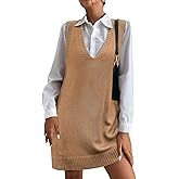 HOTOUCH Women Sweater Vest Oversized V Neck Sleeveless Knit Pullover Ribbed Vest Dress with Pockets