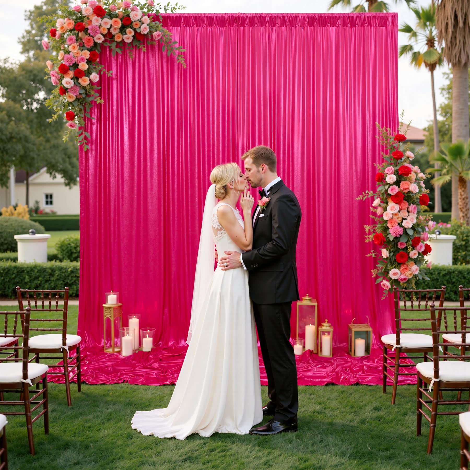 Photo 1 of 10x10ft Shimmer Hot Pink Sequin Backdrop Curtain for Parties, Thick Wrinkle Free Glitter Fuchsia Photo Backdrop Drapes Curtains for Birthday Wedding Halloween Photography Background-2 Panels 5x10ft