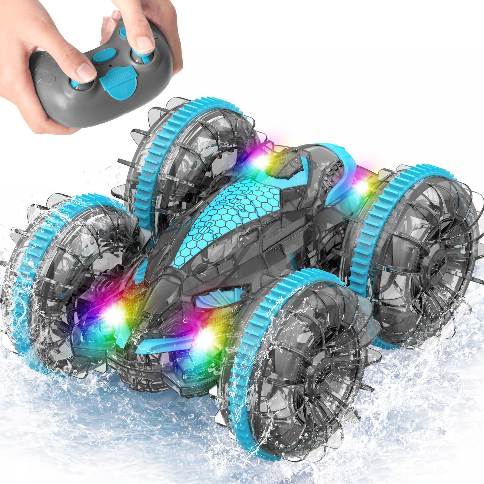 MidiVix Amphibienfahrzeug Ferngesteuertes Auto, 90 Min Spielzeit, 2.4GHz Double-Sided Stunt RC Auto Car mit LED Licht, 4WD 360° Drehung, Pool & Outdoor Spielzeug Geschenke für Kinder 6-12 Blaugrau