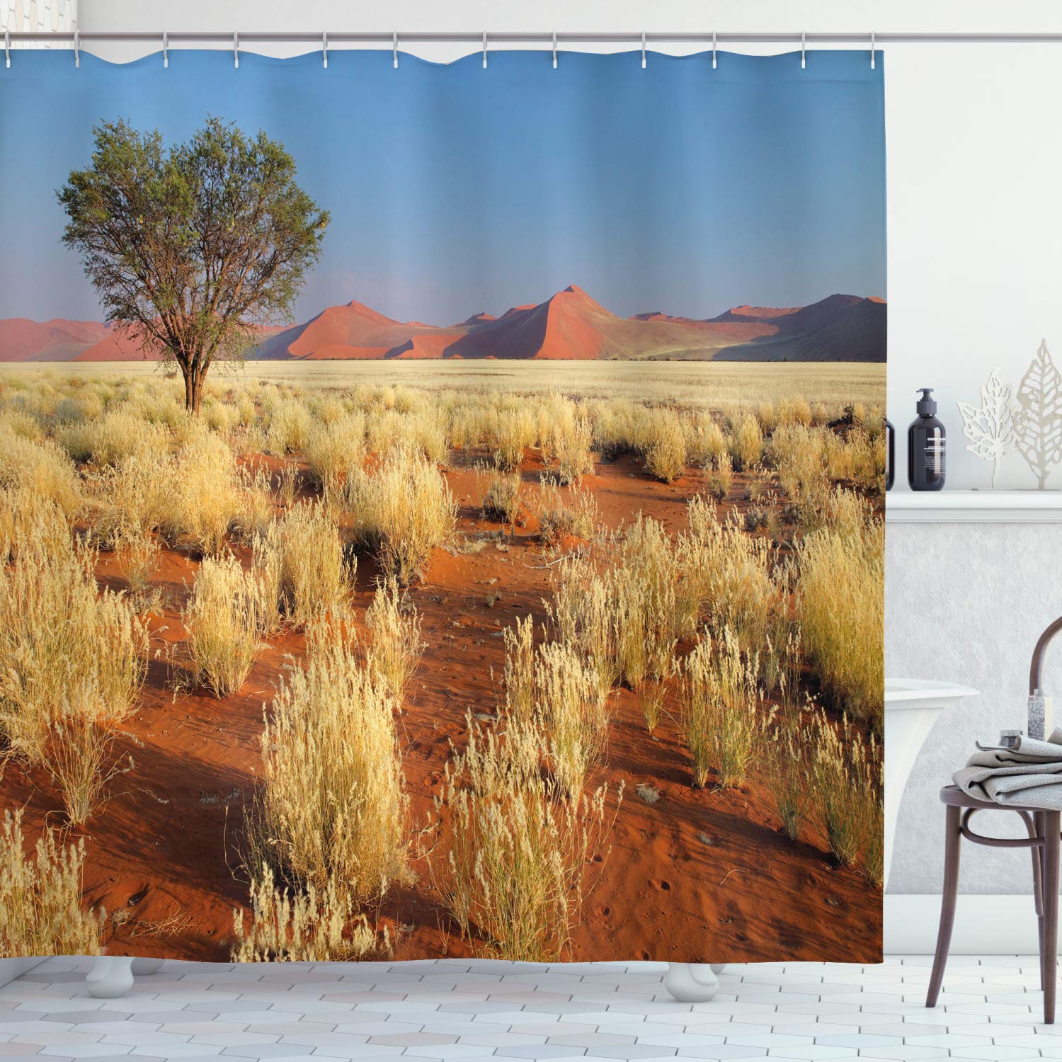 ABAKUHAUS Landscape Shower Curtain, Acacia Tree Desert Sossusvlei Namibia Southern Africa Photo, Cloth Fabric Bathroom Decor Set with Hooks, 70 Inches, Sky Blue Marigold
