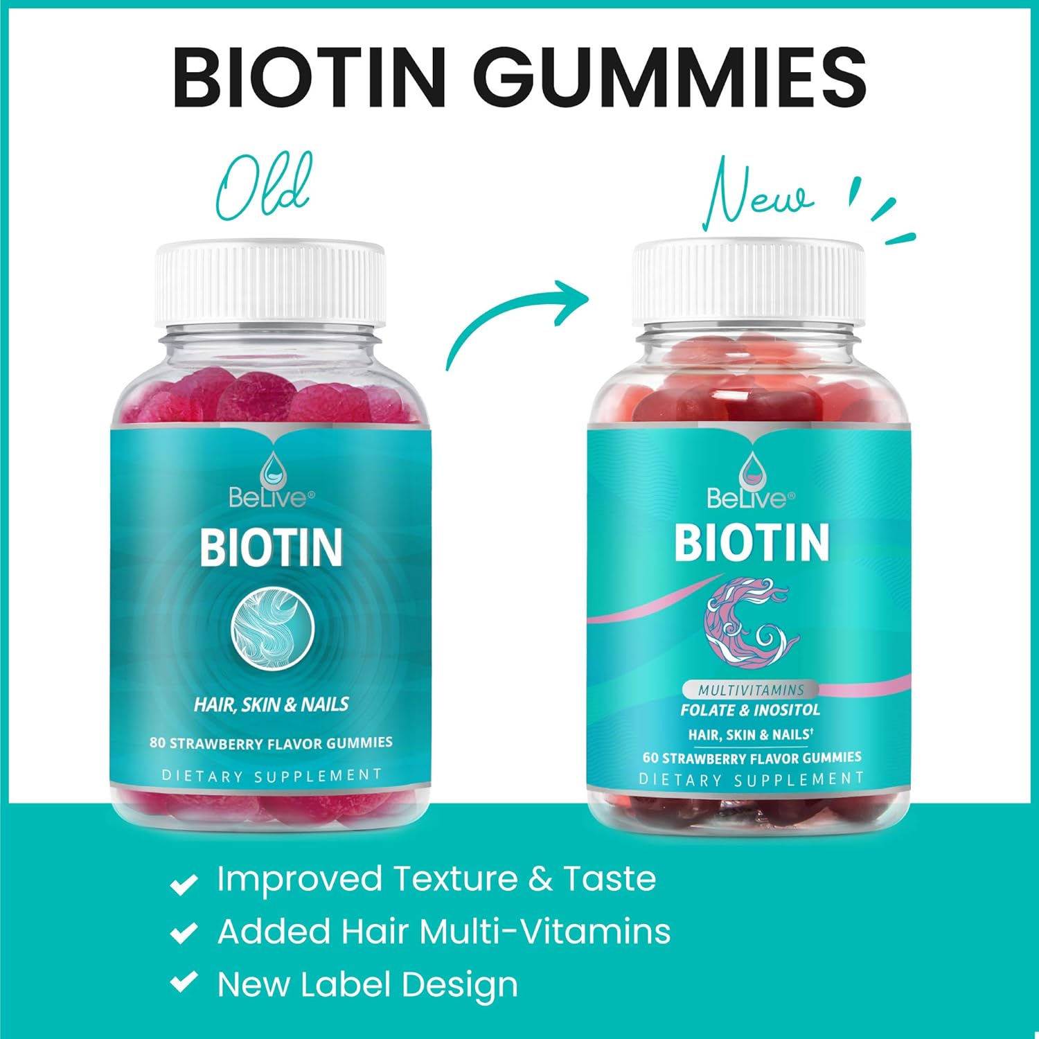 Biotin Gummies with Hair MultiVitamins, Folate, Inositol - Supports Hair Growth, Skin, Nail, Vegan, Pectin Based - Strawberry Flavor (80 Count): Health & Personal Care