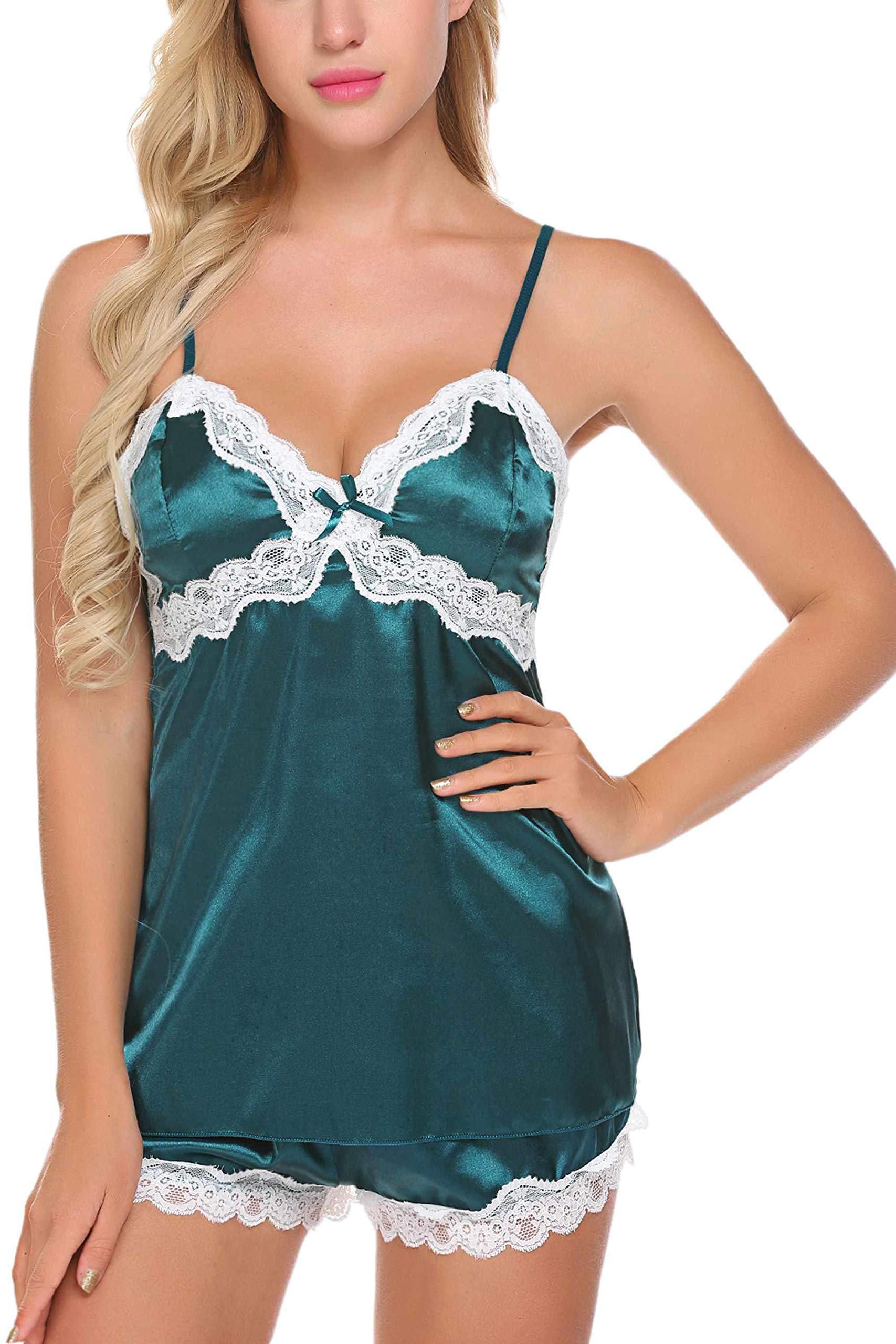 wearella Women Sleepwear Satin Pajamas Set Lace Cami Shorts Silky Nightwear Lingerie Dark Green XS