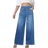 Simlakey Woman Wide Leg Jeans High Waisted Pull On Denim Pants Stretchy Casual Baggy Jeans Trendy Straight Leg Loose Trousers