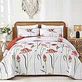 WONGS BEDDING Red Quilt Set Queen Size, Cute Red Floral Botanical Bedspread Bedding Set with 2 Pillowcase, Lightweight Farmhouse Coverlet Set for All Season (96"x90")