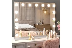 NeuType 23"x19" Large Hollywood Vanity Mirror for Makeup Lighted Makeup Mirror for Desk with Smart Touch Control,USB Port,15 Dimmable Bulbs,5X Magnification,3 Color Lighting Modes,Bright White