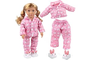 DRESS ALONG DOLLY Easter Bunny Doll Pajama Set w Slippers- 18" Doll Clothes & Accessories Compatible w American Girl Dolls- 3pc PJ Outfit Set Includes Rabbit Shirt, Pants,& White Slippers- Basket Stuffer Gift for Girls