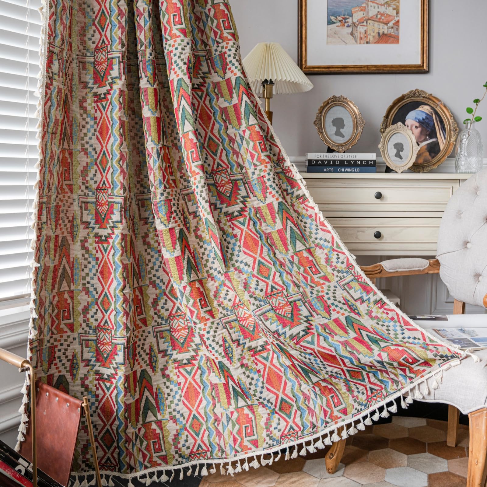 USTIDE Vintage Ethnic Farmhouse Boho Curtain - Light Reducing Jacquard, Colorful Geometric Pattern, Lace Macrame Tribal Design, 1 Panel, 150x220cm