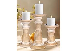 HOMEBIA DESIGNS Hand Crafted Wooden Pillar Candle Holders Set of 3, Ideal for LED and Pillar Candles, Gifts for Wedding, Christmas, Party, Spa, Reiki, Aromatherapy, Votive Candle Gardens - 10, 8, 6 Inch - White Wash