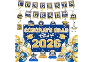 Graduation Decorations 2026, Blue and Gold Graduation Party Supplies - Class of 2026 Backdrop, Congrats Grad Banner, Honeycom