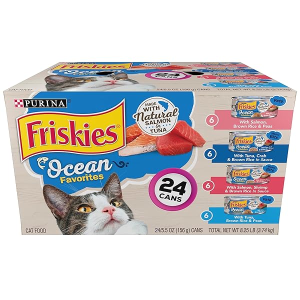 PURINA FRISKIES OCEAN FAVORITES WET CAT FOOD PATE AND MEATY BITS VARIETY PACK WITH SALMON AND TUNA – (PACK OF 24) 5.5 OZ. CANS