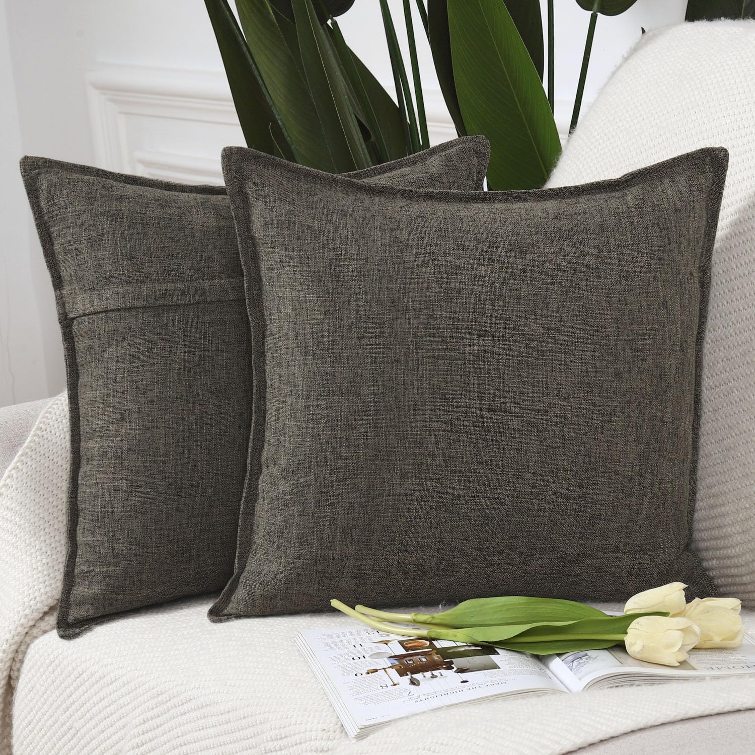 Madizz Set of 2 Faux Linen Cushion Covers 16x16 inch, 40x40 cm, Dark Taupe Soft Decorative Couch Pillows for Bed Pillowcases for Sofa Livingroom Home Decor — image 1