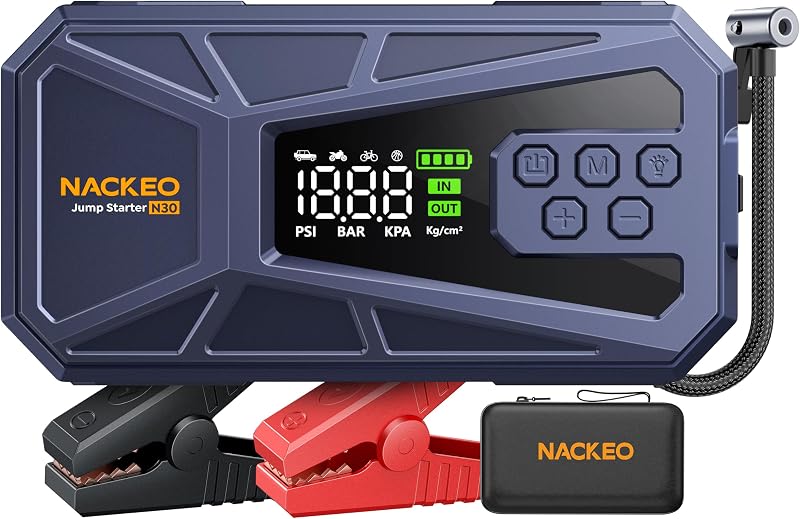 Booster Batterie Voiture 8000A avec Compresseur 160PSI, 12V Booster Voiture Portable (Essence & Diesel 12L), Démarreur Batterie Voiture avec Écran LCD,Eclairage de Secours,Banque d'alimentation