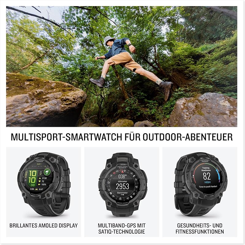 Instinct 3 45mm AMOLED – Multisport-Smartwatch, 1,2" Display, bis zu 18 Tage Akkulaufzeit, 80+ Sport-Apps, Navigationsfunktion, smarte Features, LED-Taschenlampe, wasserdicht