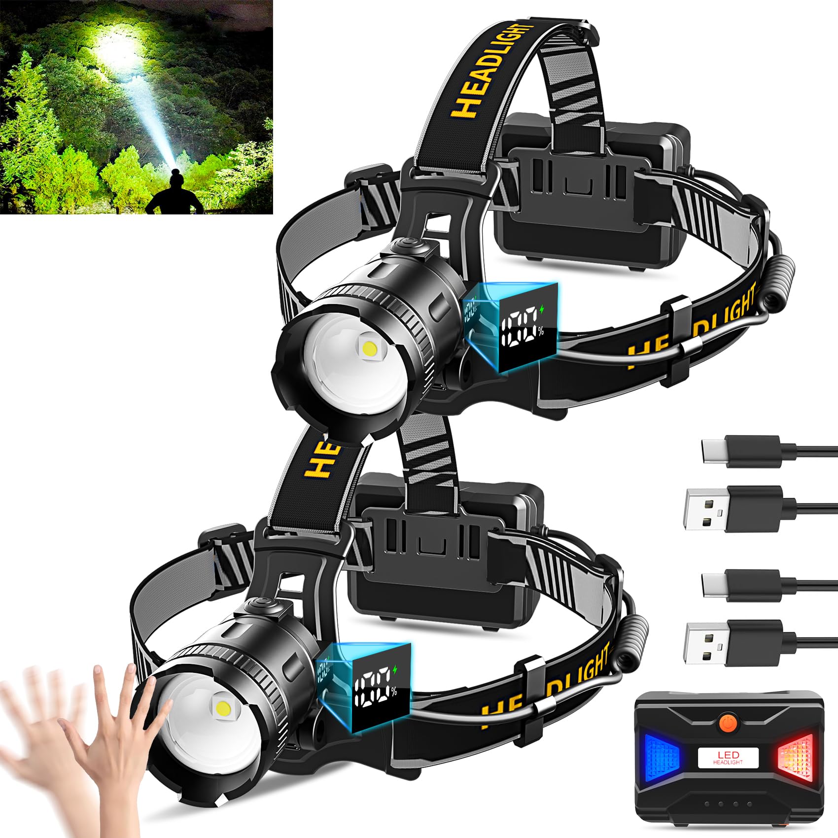 Photo 1 of LED Headlamp with Motion Sensor Super Bright, 3 Lighting Modes, Digital Display, Rechargeable, Waterproof Head Lamp, 90° Adjustable for Camping, Hiking, Fishing, Running Outdoor (2)