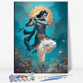 Aeontinity Krishna Playing Flute India Framed Canvas DIY Paint by Numbers Kit Bar Cafe Cave Home Room Wall Bathroom Porch Patio Decor Gift, 16 x 12 Inch