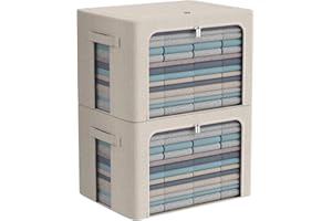 CYHOM Clothes Storage Bins Box - Linen Fabric Foldable Stackable Container Organizer Set with Clear Window & Carry Handles & Metal Frame - 2Pack Large Capacity for Bedding, Blankets, Books