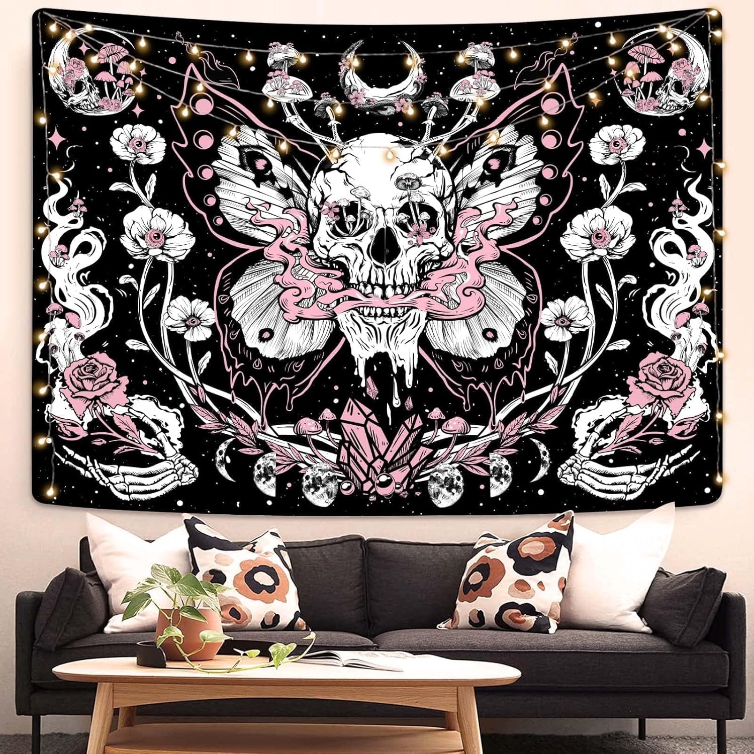 Tapestries - Kanuyee Skull Tapestry Pink Skeleton Tapestry Moon Butterfly Tapestry for Bedroom Black Tapestry Aesthetic Bedroom Butterfly Room Decor(36