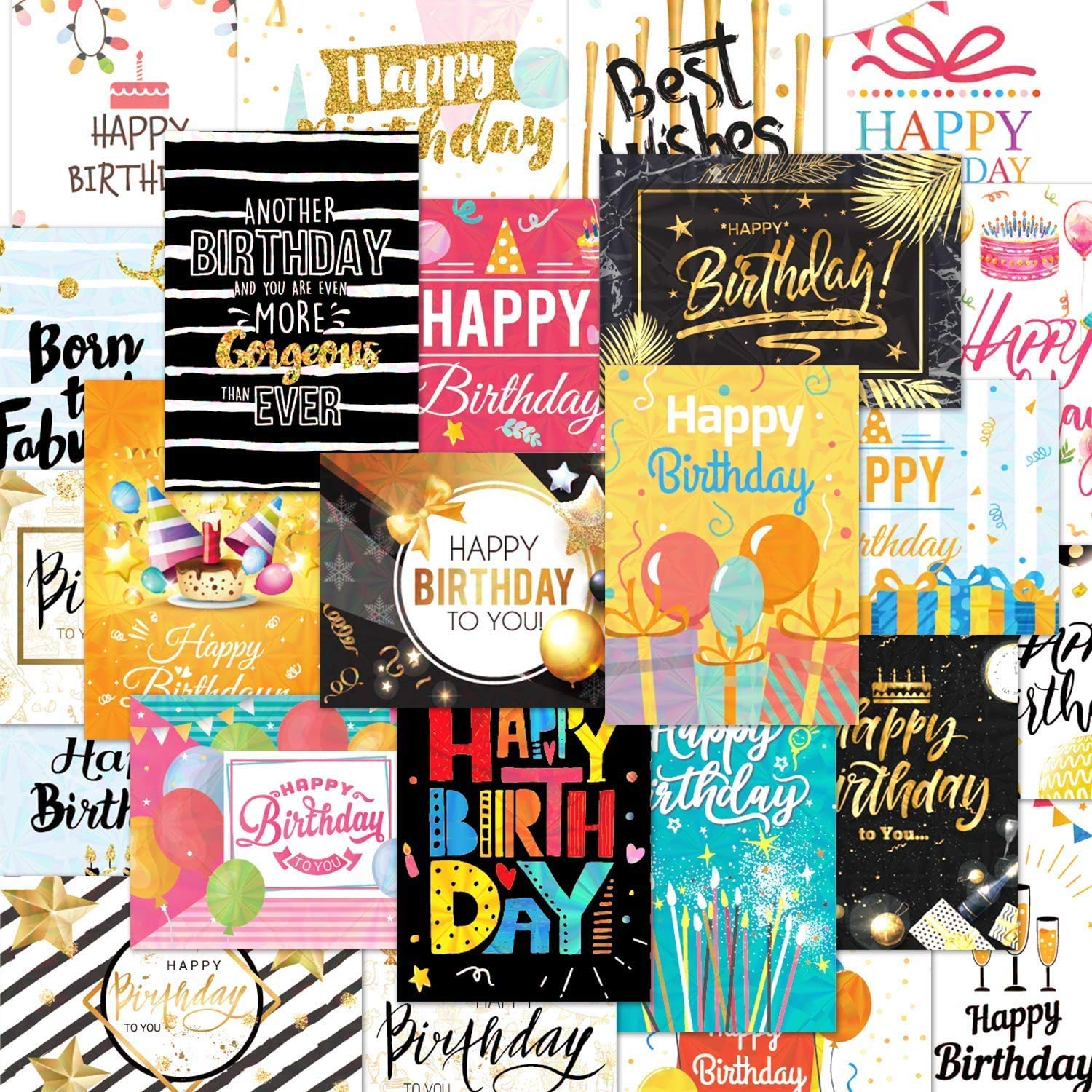 DEEPLAY 24 Holographic Birthday Card Assortment, Foil Gold Blank Greeting Card, Birthday Cards with Envelopes and Stickers, Glossy Elegant Bulk Happy Birthday Notes (4.7'' X 6.7")