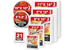 ESRICH Canvas Boards for Painting-21 Pack Blank Canvas Boards-4x4, 5x7, 8x10, 9x12, 11x14, Round Canvas D8, D10, Cotton Primed Canvas Panels, Painting Canvas for Oil, Acrylic, Watercolor.