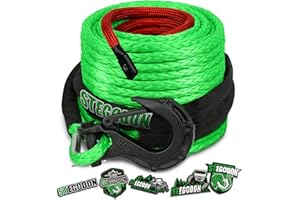 STEGODON Synthetic Winch Rope, 3/8'' x 85ft 25,000LBS Synthetic Winch Line 3/8 Winch Cable Replacement Synthetic Rope with Forged Winch Hook for 4WD Off Road Vehicle SUV Truck(Green)