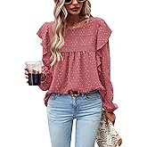 PRETTYGARDEN Women's Long Sleeve Shirts Ruffle Swiss Dot Crochet Loose Fit Tunic Dressy Casual Tops Blouses Spring Fashion