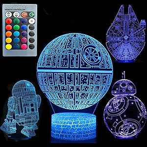 3D Illusion Star Wars Night Light Four Pattern Death Star/Millennium Falcon/R2 D2/BB-8 Interstellar 7 Color Change Decor Lamp Desk Table Night Light Lamp for Kids Children