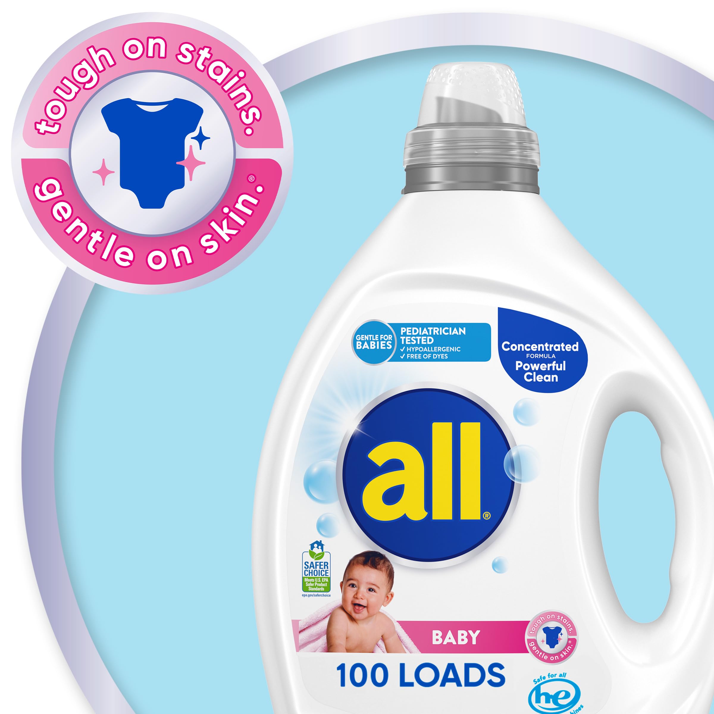 all Baby, Gentle for Baby, Liquid Laundry Detergent, Hypoallergenic for Sensitive Skin, Concentrated, 75oz, 100 Loads