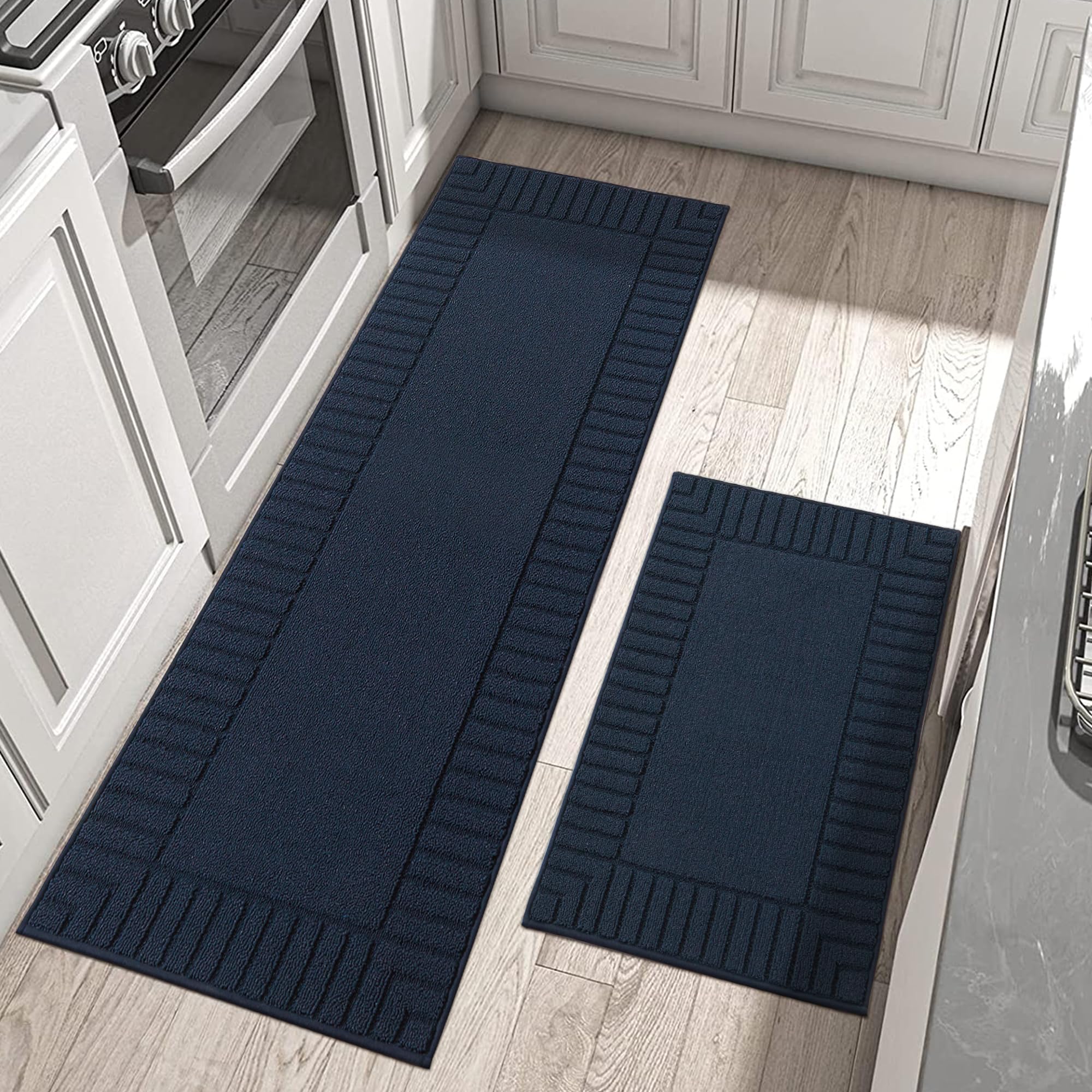 Photo 1 of BEQHAUSE-Kitchen-Rugs-Washable-Kitchen-Mats-for-Floor Non-Slip Kitchen Mats Set of 2 Absorbent Kitchen Runner Navy Blue with TPR Backing 24x35inch/24x60inch