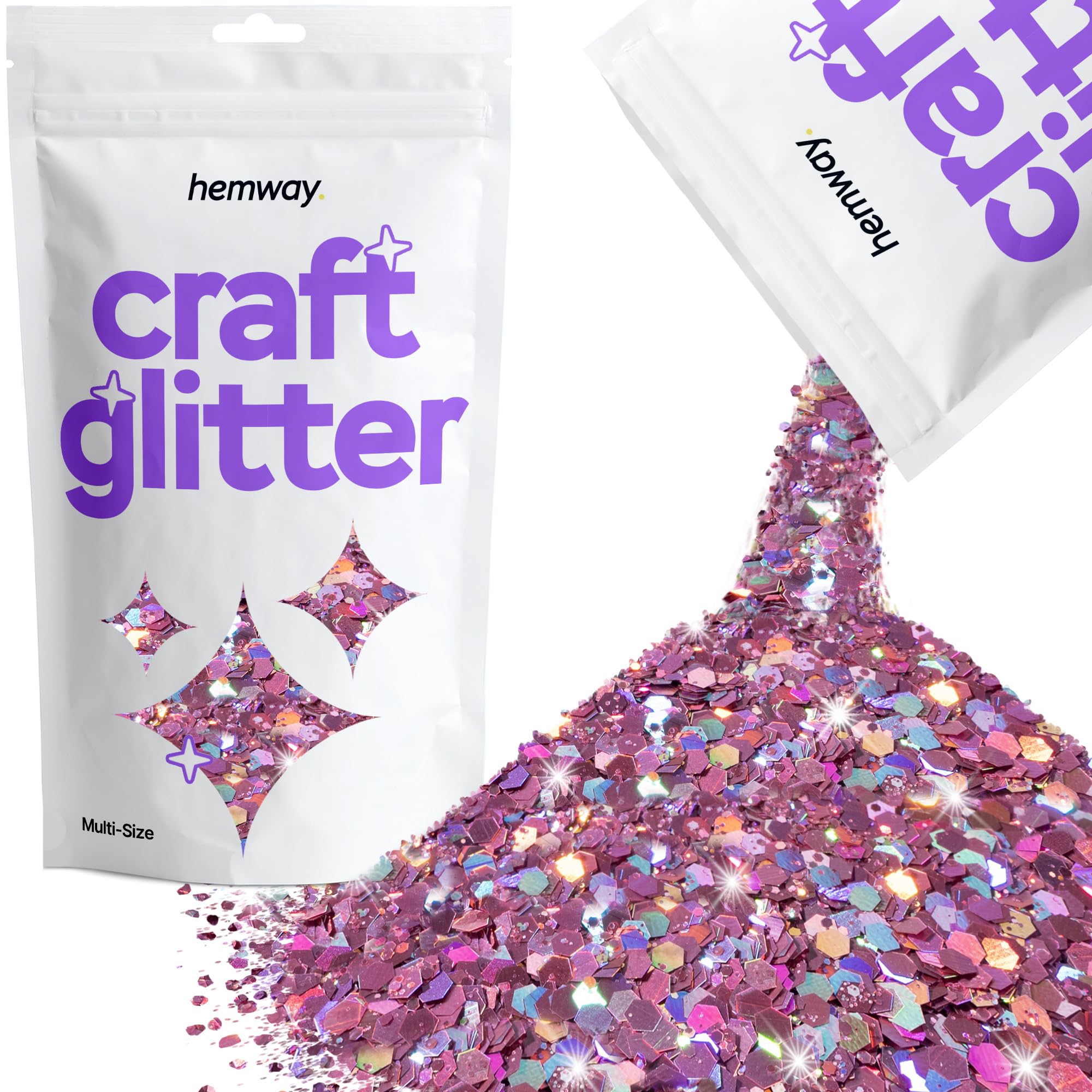 Hemway Craft Glitter Pink Holographic 100g Multi Size Glitter for Crafts, Resin, Cosmetic, Nail, Face, Body, Festival, Tumblers, Art, Candle, Crafting
