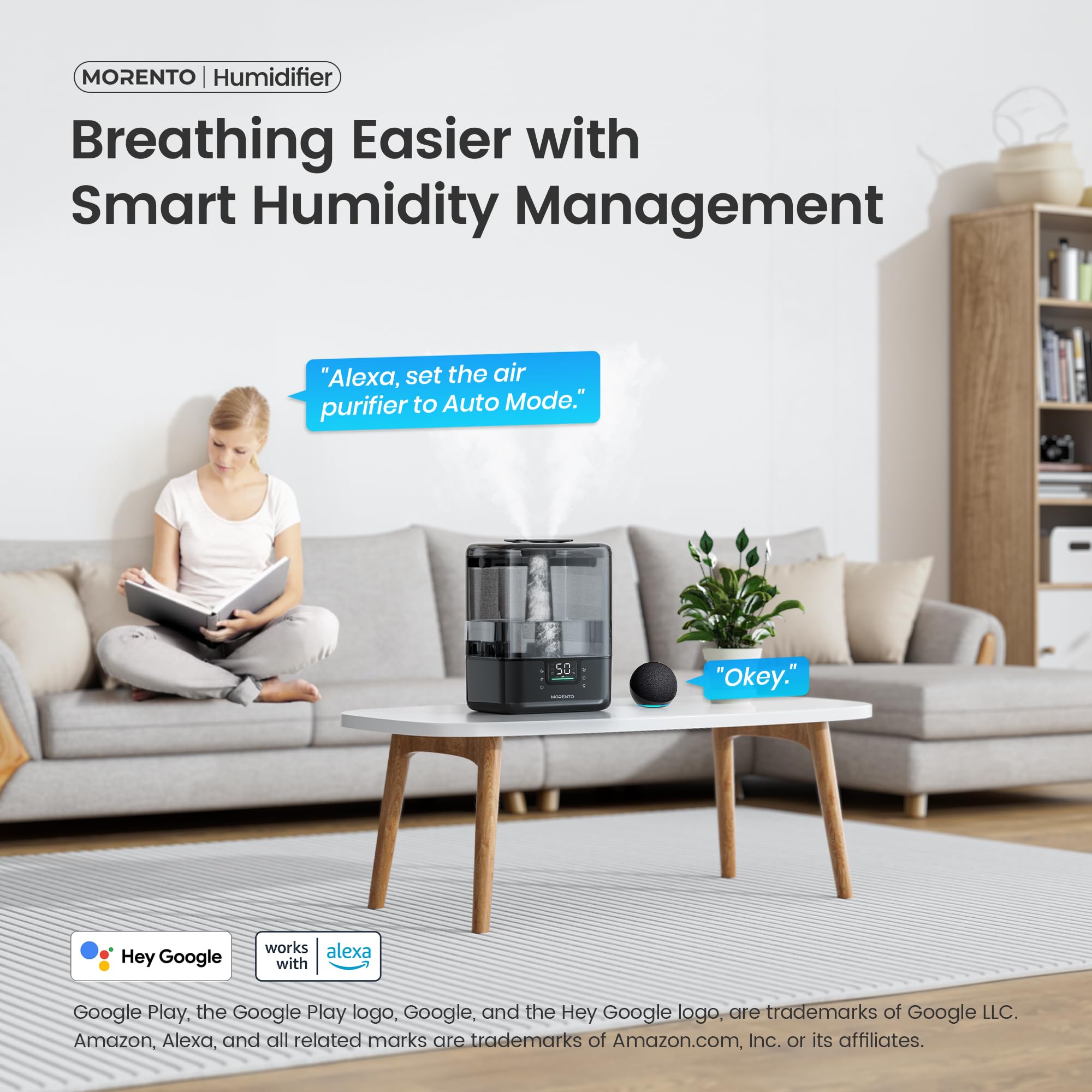 MERONTE Smart Humidifiers for Bedroom Large Room Home, 6L Cool Mist Top Fill Humidifier with Essential Oil Diffuser, Smart App & Voice Control, for Nursery & Plants, Black, 1 Pack + 7 Color NightLight