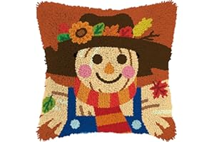 QIONG MENG Latch Hook Kits for Adults, DIY Fall Scarecrow Pattern Pillow Cover Kit Needlework Cushion Cover Hand Craft Crochet for Home Sofa Decorations 17 x 17 Inch