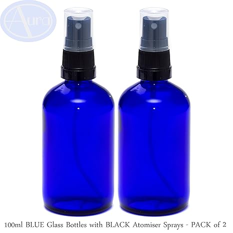 2er-PACKUNG - 100ml BLAUGLAS-Flaschen mit Schwarzen Sprüh-ZERSTÄUBERN. Ätherisches Öl / Verwendung in Aromatherapie