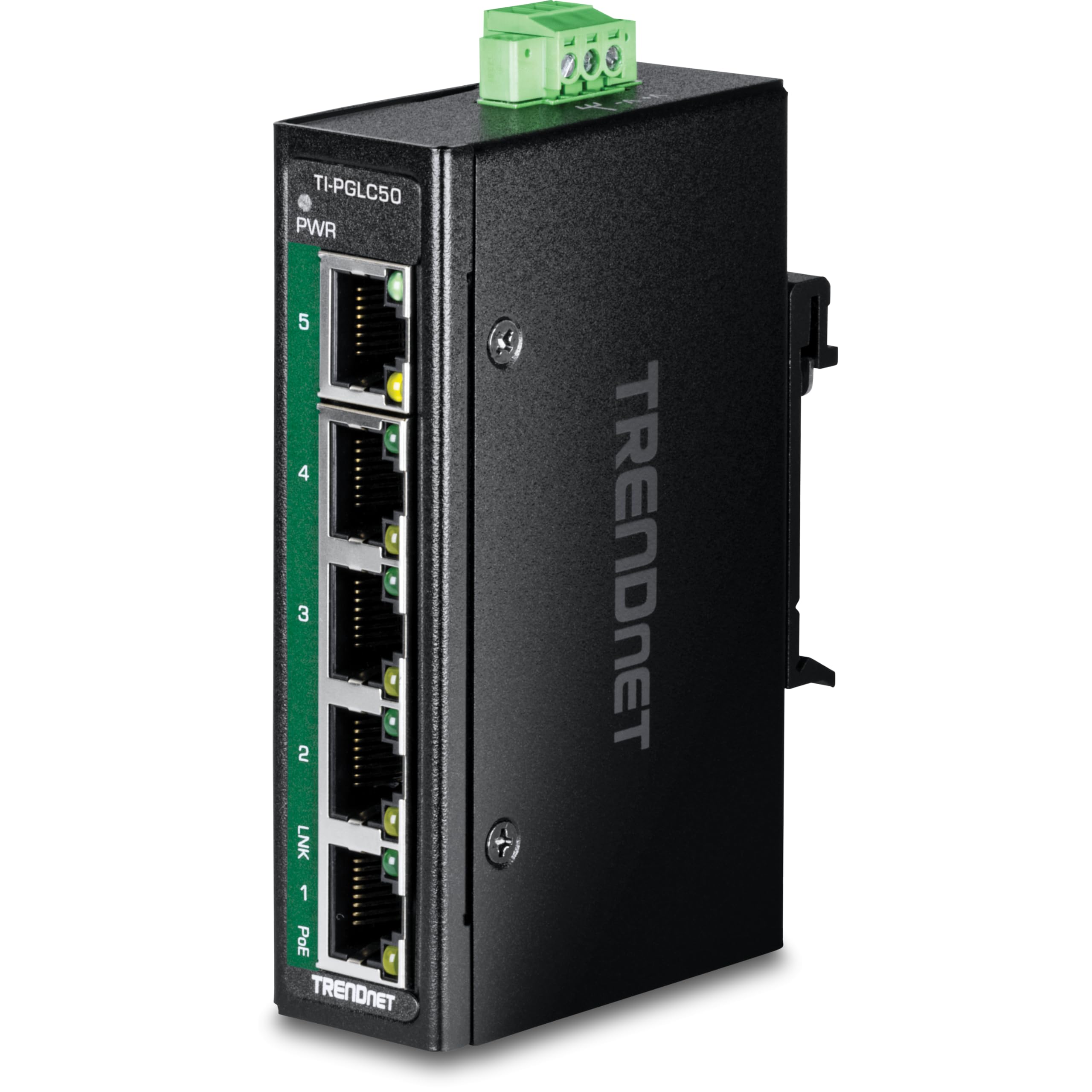 TRENDnet 5-Port Industrial Gigabit PoE+ DIN-Rail Mini Switch, TI-PGLC50, 4 x Gigabit PoE+ Ports, 1 x Gigabit Port, 90W PoE+ Power Budget, 10Gbps Switching Capacity, NDAA & TAA Compliant