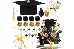 Jingmore Graduation Cake Kit Included Felt Graduation Cap Diploma Classic Black Congrats Grad Cupcake Toppers Beads Leaf Flowers Cake Decorations for Class of 2025 Graduation Party(Black and Gold)