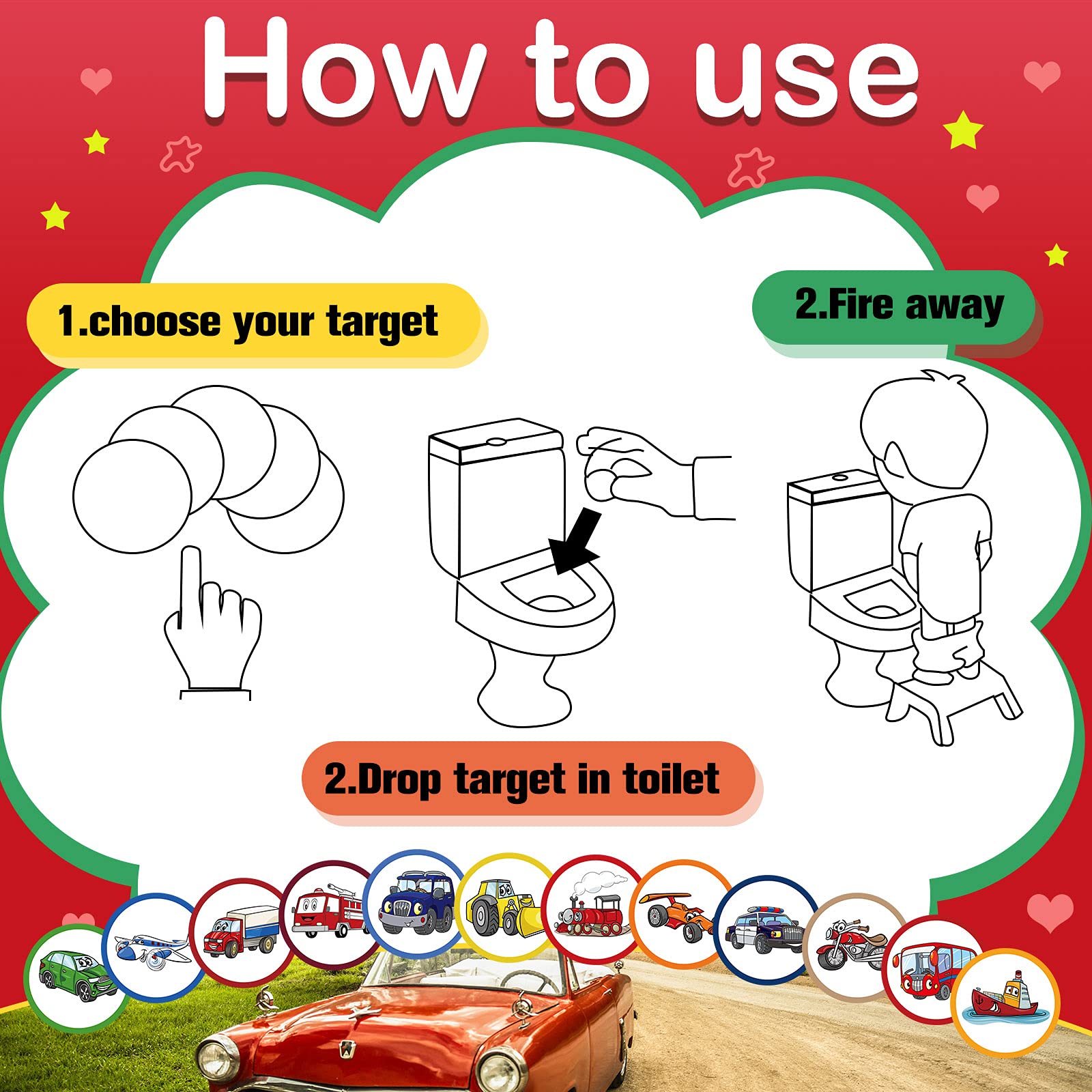 Chinco 120 Pcs Boys Potty Training Targets Boys Potty Targets Aids Flushable Pee Training Chart for Toddlers Use(Cars Styles)