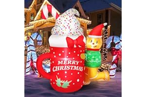 QEOIYDE 5FT Inflatable Gingerbread Men Christmas Decoration Blow Up Elf with Ice Cream Merry Christmas Printed Decor for Holiday, Party, Winter Festive Ornaments Indoors Outdoors Lawn, Yard, Garden