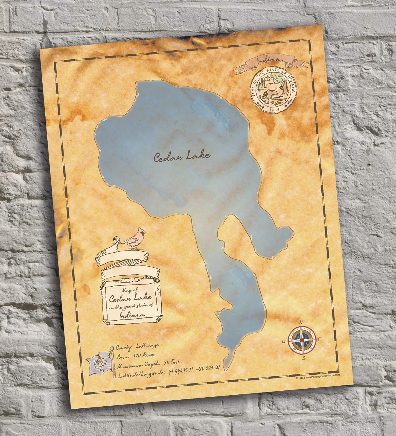 Cedar Lake Indiana VintageInspired Lake Map Print