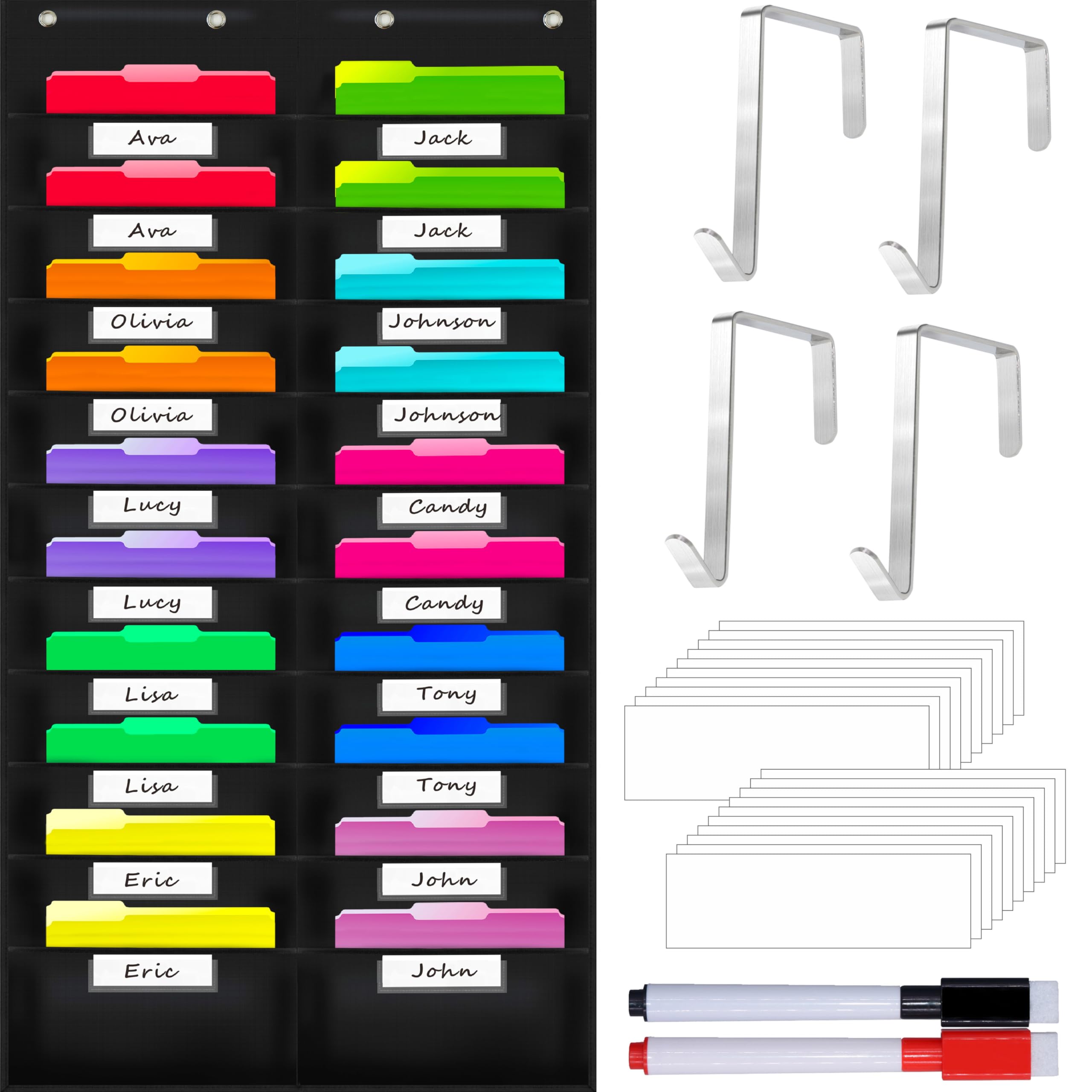 Vantasii Nylon Storage Pocket Chart with 20 Name Tag Pockets, Hanging Wall File Organizer, 4 Hooks and 20 Blank Cards, Organize Your Assignments, Files, Scrapbooks, Paper (28.5”x 47”)