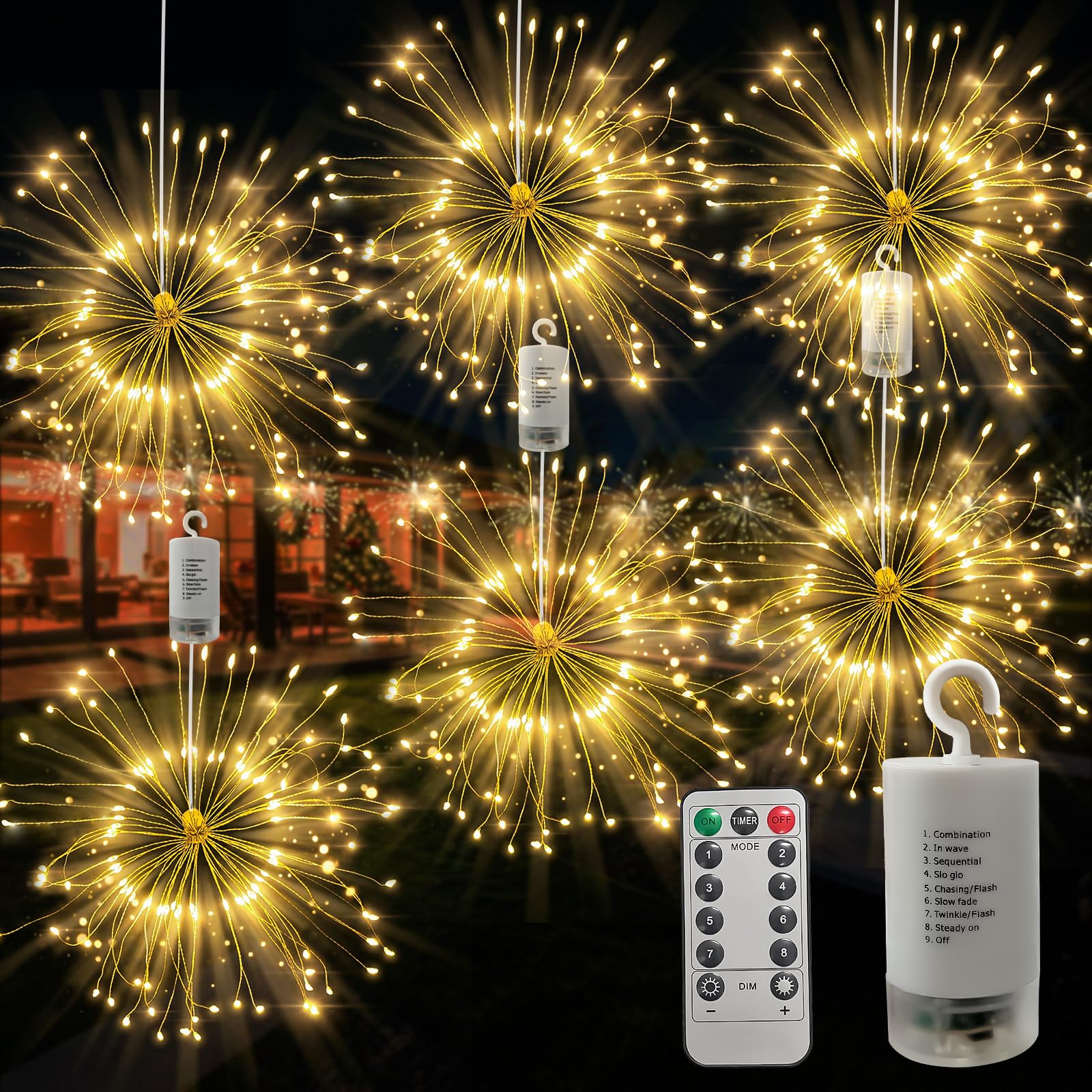 FOOING 6 Pack Firework Lights LED Starburst Lights with 8 Modes Dimmable,6 Pack Fairy Hanging String Light for Christmas Wedding Outdoor Indoor Decorations with Remote Control