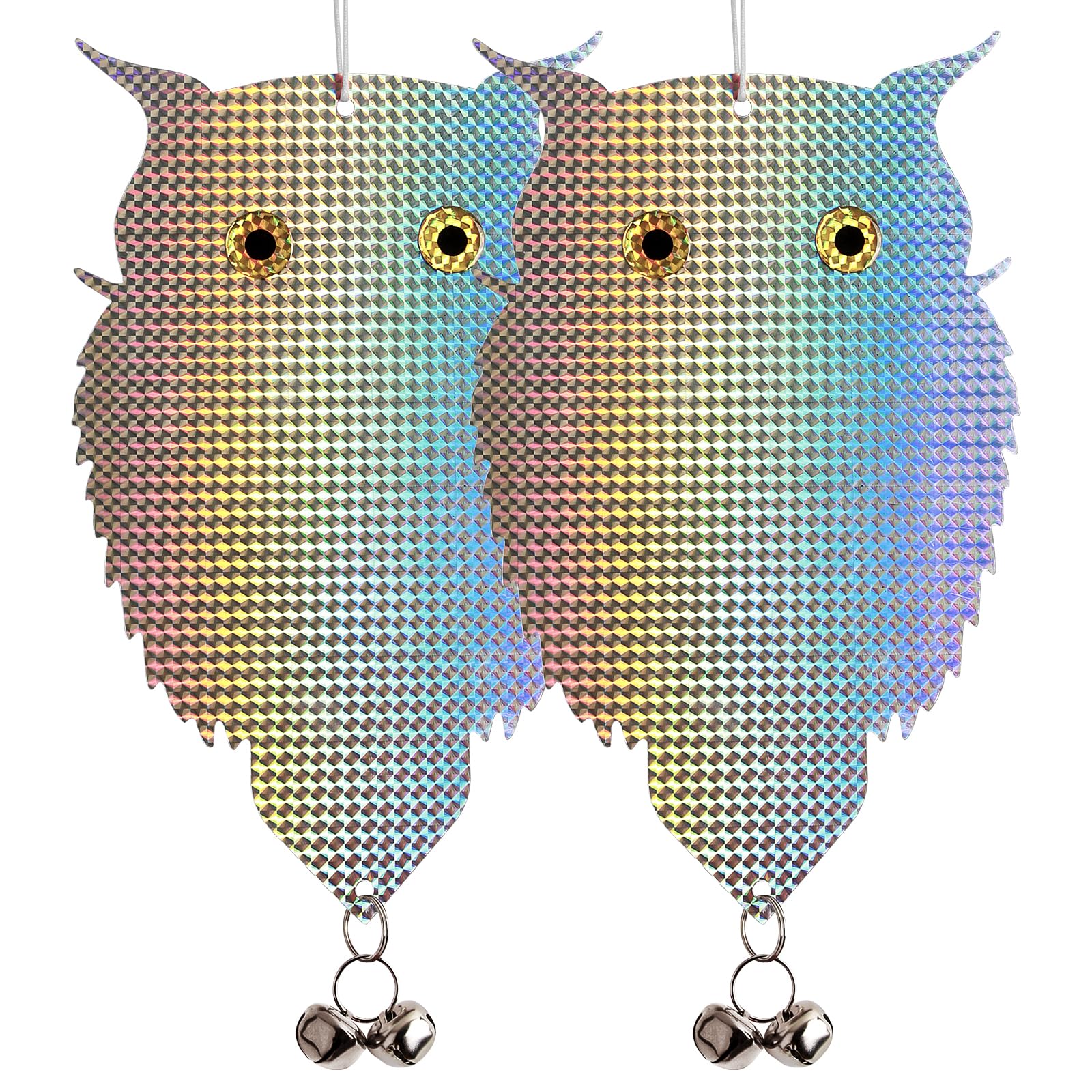 OFFO Owl Decoy for Pigeon Deterrent Hanging Outdoors Reflective Plastic Owls to Scare Pigeons to Keep Birds Away on Gardens with Bells 2 Pcs