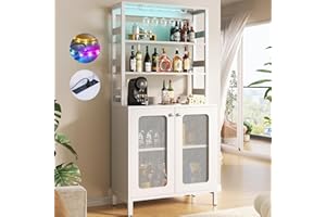 Aheaplus Bar Cabinet with Power Outlets, 67" Tall Wine Bar Cabinet Liquor Cabinet with LED Lights and Glass Holder, Coffee Bar Station for Living Room, Microwave Stand Bakers Rack Cabinet, White