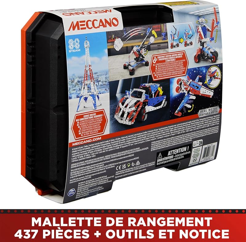 Meccano Maletín de construcción - Estuche de construcción 5 en 1 Vehículos, Robot, Torre Eiffel - 437 piezas, herramientas, instrucciones - Kit Actividad Montaje - Juguete infantil de 10 años y