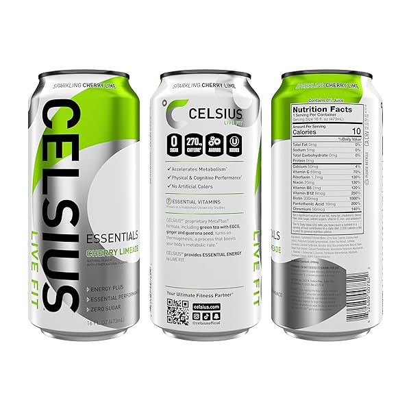 CELSIUS ESSENTIALS, SPARKLING CHERRY LIMEADE, PERFORMANCE ENERGY DRINK 16 FL OZ (PACK OF 12)