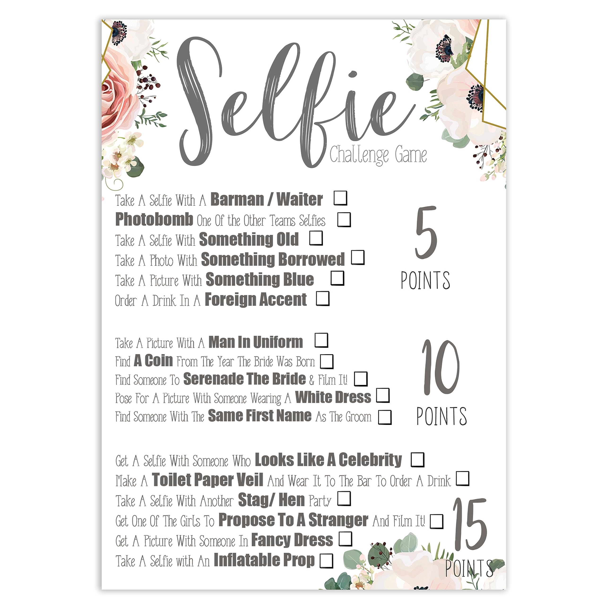 Hen Party Selfie Challenge Games Boho Floral vintage Design Hen Party Accessories Selfies & More 20 pack (BHCG)
